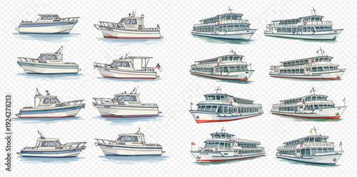 A diverse collection of watercolor illustrations featuring motorboats, yachts, and passenger ferries on a transparent background.
