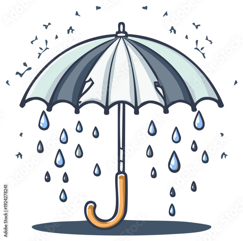 Cartoon umbrella protecting against falling raindrops and tiny airborne shapes