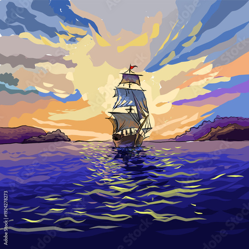 Majestic Sailboat Cruising on Ocean Waves - Vibrant Vector Illustration of Sailing Adventure