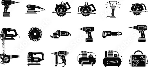 Power tool icon set featuring electric drills, circular saws, sanders, jigsaws, nail guns, air compressors, blowers, grinders, and workshop equipment silhouettes.