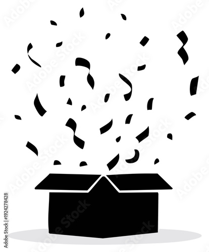 Celebration concept with confetti bursting out of an open black gift box illustration