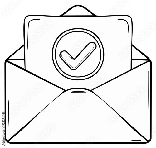 Simple line drawing of an open envelope with a card inside showing a check mark symbol for approval or completion