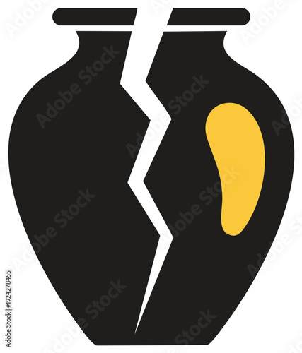 Simple graphic illustration featuring cracked vase, vector, black, yellow and white