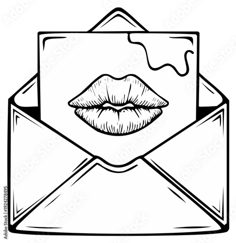 Open envelope with card illustration of lips, love letter concept