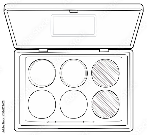 Outline illustration of an open cosmetic palette for eyes and face