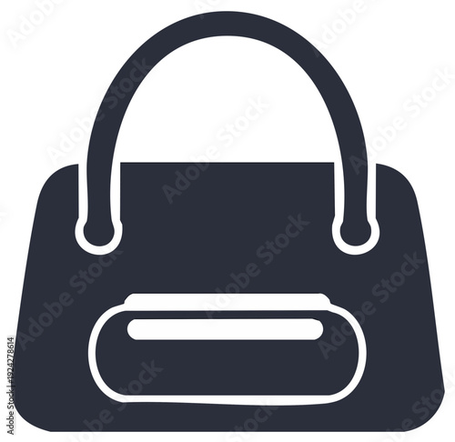 Modern dark grey women's handbag vector icon with elegant curved handle and outlined front pocket