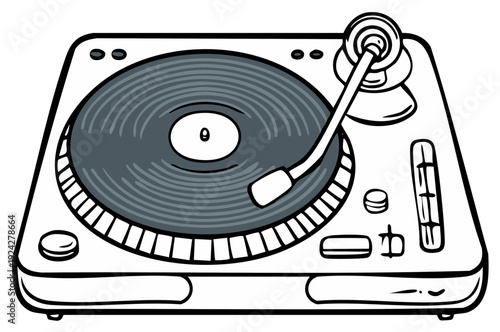 Retro Turntable Illustration Black and White Style Audio Equipment Classic Vinyl Player Design