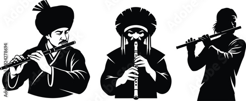 Three musicians playing flutes in traditional attire