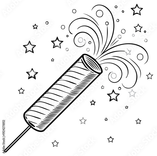 Celebration popper exploding with stars and curls for festive events and parties outlined