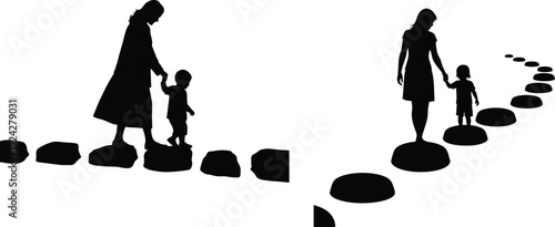 Mother and child silhouettes walking on stepping stones