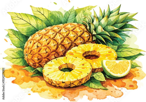 Ripe Pineapple Rings Slices Wedges Watercolor Tropical Illustration