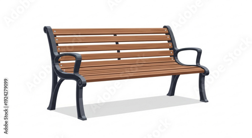 Brown wooden park bench with black metal frame and armrests on white background