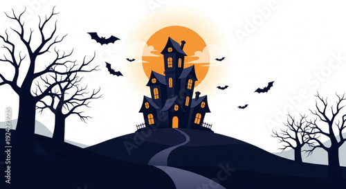 Spooky abandoned mansion on a hill with bats flying around at sunset