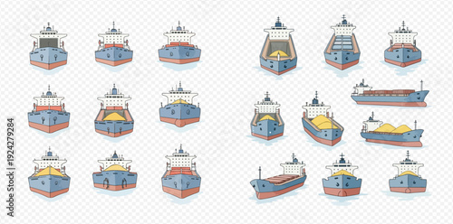 A large set of isolated cargo ship illustrations from front, side, and isometric perspectives.