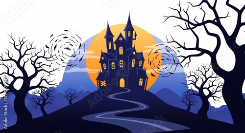 Spooky haunted house on hill with bare trees and full moon in the background at night
