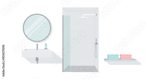 Modern Bathroom Interior with Shower Sink and Towels.