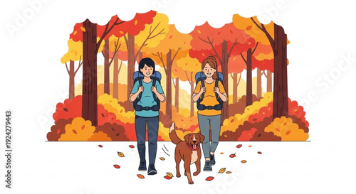 Two friends hiking with dog in autumn forest enjoying nature and outdoor adventure together
