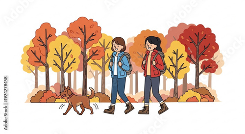 Two friends walking with dog in autumn forest enjoying leisurely stroll together