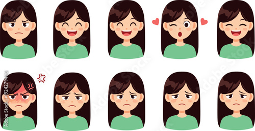 Set of little girl facial expressions and emotions showing happy sad angry surprised and winking flat vector illustration