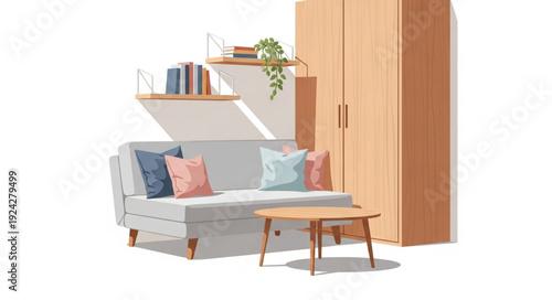 Cozy living room with sofa and wardrobe illustration.