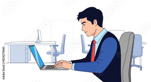 Professional man working on laptop in modern office environment with sleek furniture and minimalist decor focused and productive atmosphere