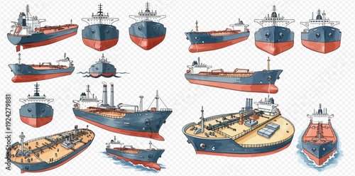 Industrial cargo ships and oil tanker vessels illustrated from multiple views.