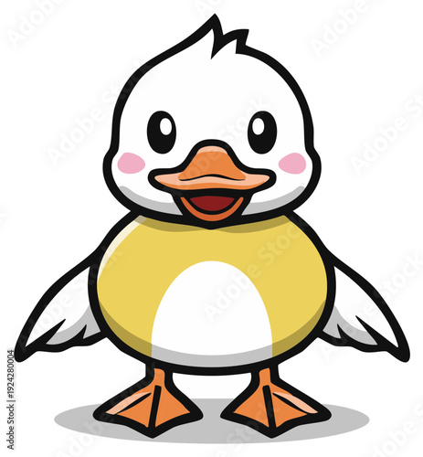 Cute cartoon duckling with yellow vest and pink cheeks, simple illustration, adorable baby bird