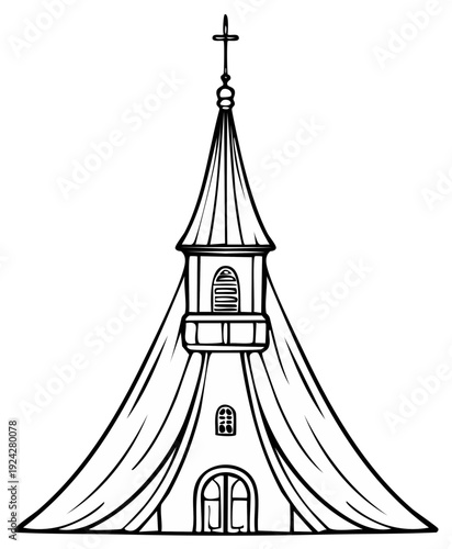 Church steeple tower illustration with cross, windows, and doors, vector outline.