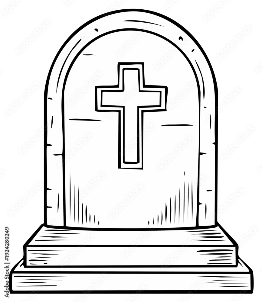 Obraz premium Stone Christian gravestone with cross symbol commemorating remembrance and eternal rest