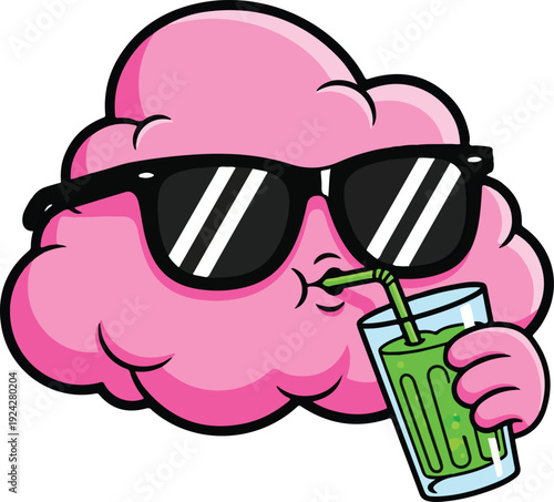 Cool Pink Cloud Character Wearing Sunglasses Drinking Green Soda Juice Vector Illustration