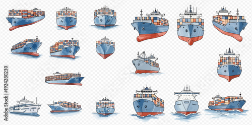 A collection of international cargo ships and freight vessels illustrated in a watercolor style from various angles.