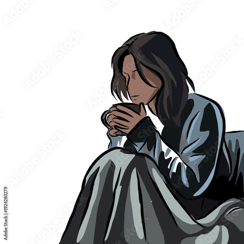 Sad Woman Sitting on Chair Covered with Blanket - Emotional Vector Illustration of Loneliness and Depression
