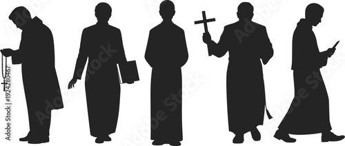 Priest, clergy, silhouettes, religion, christian, cross, rosary, bible, worship, faith, church, minister, pastor, spiritual, prayer, illustration, vector, isolated, set, collection