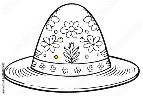Outlined illustration of a decorated hat with floral patterns and a wide brim, a festive headwear element.