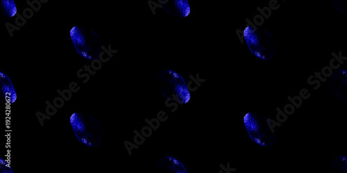 Seamless pattern of vibrant blue avocados on a solid black background. Surreal contemporary pop art food design and abstract dark wallpaper.