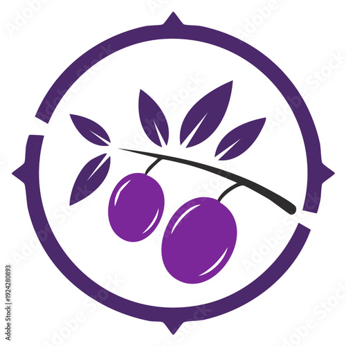 Olive branch with purple olives inside a compass circle symbol for agriculture or food branding
