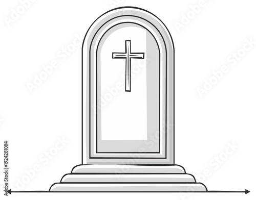 Traditional Christian Tombstone with Cross in Line Art Style