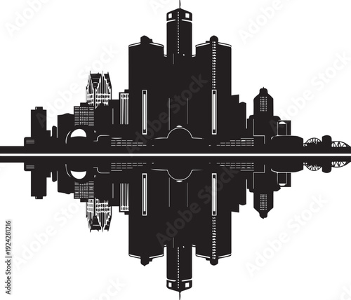 Create A Detroit skyline silhouette with reflection. Landscape Detroit, Michigan. Vector Art with white Background