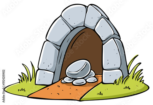 Cartoon stone cave entrance with archway path and grassy ground illustration