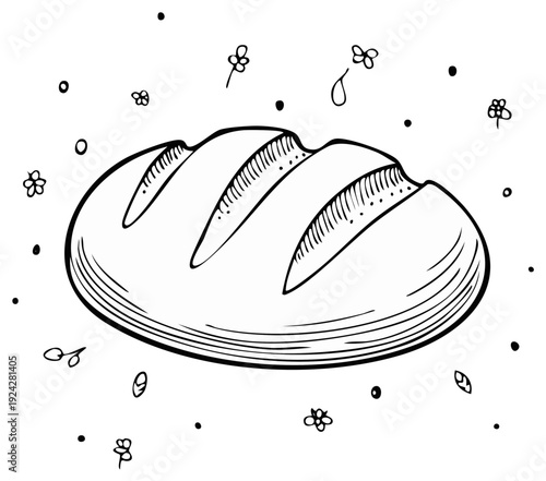 Ink drawing of a loaf of bread and floral accents in a simple illustration.