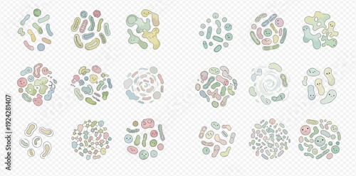 Colorful flat vector icons of gut flora, microorganisms, and prebiotic bacteria.