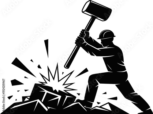 Construction worker silhouette, sledgehammer labor icon, hard hat figure vector, manual work clipart, industrial strength design, rock breaking illustration artwork