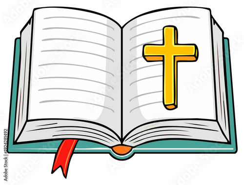 Cartoon-style illustration of an open book with a golden Christian cross and a red bookmark
