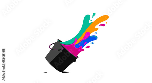 Colorful paint splashing from a black bucket.