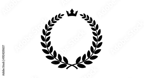 Black laurel wreath with crown on white background.