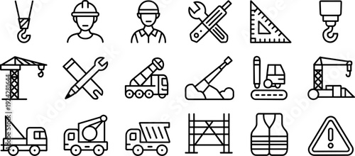 Construction engineering icons, safety gear vector, industrial tools clipart, heavy machinery illustration, building site symbols, contractor equipment design, occupational roles artwork