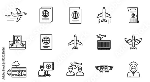 Collection of simple line icons representing travel and transportation.