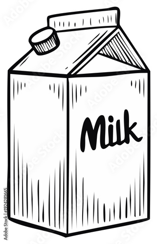 Hand-drawn sketch of a classic milk carton with 'Milk' written in bold lettering, featuring a cap and angled lid, rendered in a simple line art style.