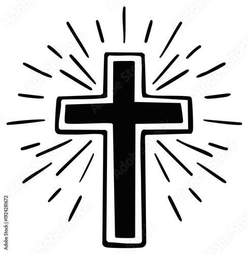 Graphic Representation of a Christian Cross with Radiant Rays of Light Symbolizing Faith and Spirituality
