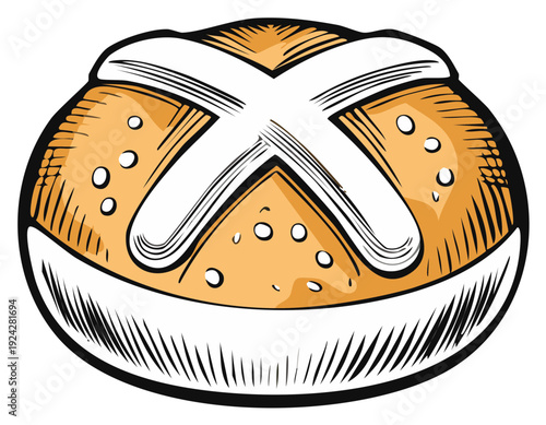 Illustration of a traditional Hot Cross Bun with icing